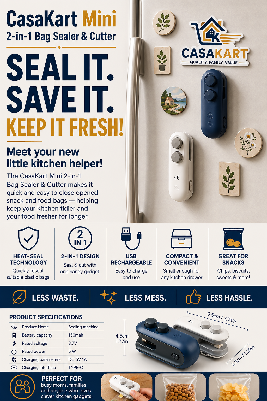 CasaKart FreshLock Mini™ 2-in-1 Portable Bag Sealer
